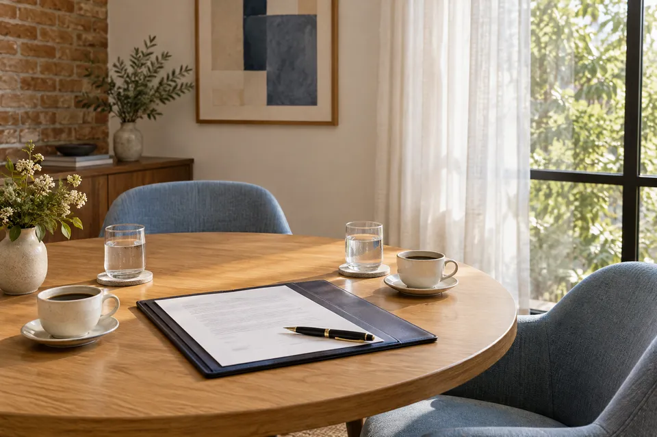 A signed agreement, a fountain pen, water glasses and coffee on a round oak table in a quiet meeting room
