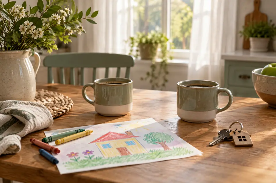 Two mugs of coffee, a child’s drawing of a house and a set of house keys on a sunlit kitchen table