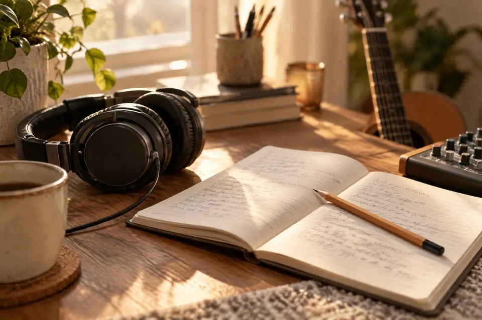 Studio headphones, a lyric notebook and an acoustic guitar on a producer’s desk