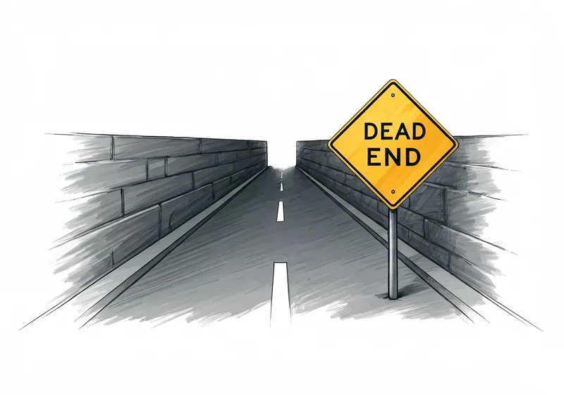 Pencil sketch of a road running between two brick walls toward a dead end, with a yellow Dead End sign beside it.