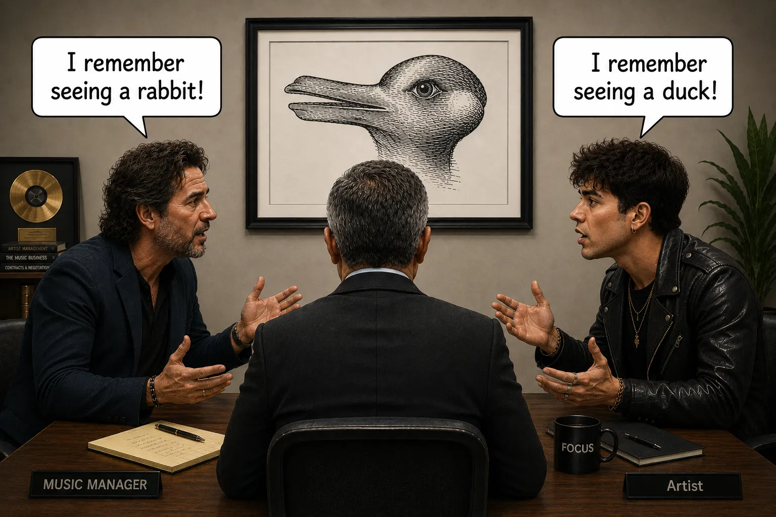 A music manager and an artist argue across a table in front of a mediator, beneath a framed rabbit–duck illusion; one says “I remember seeing a rabbit!”, the other “I remember seeing a duck!”