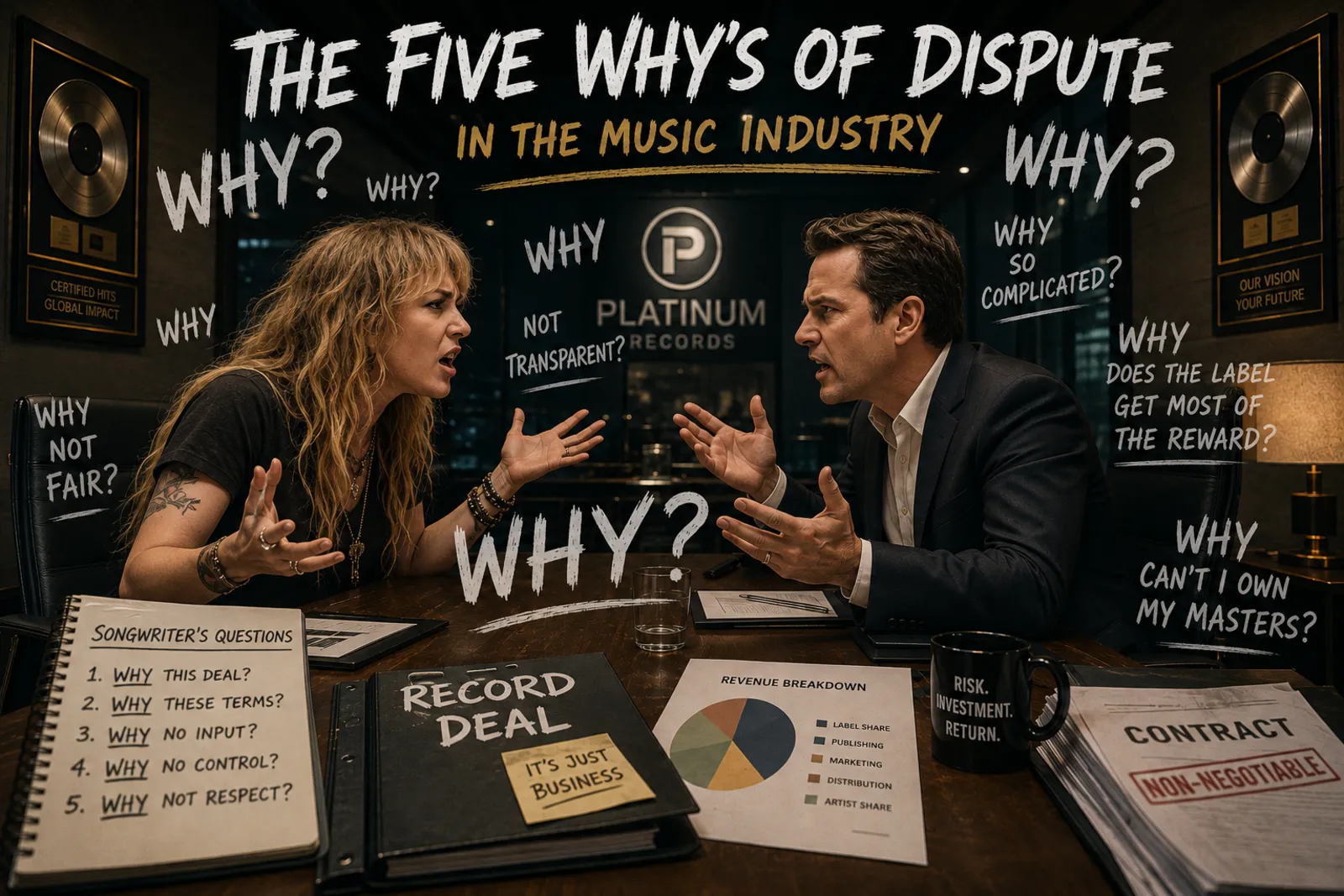 Illustration: a songwriter and a label executive argue across a desk covered in a record deal, with the question “Why?” written all around them