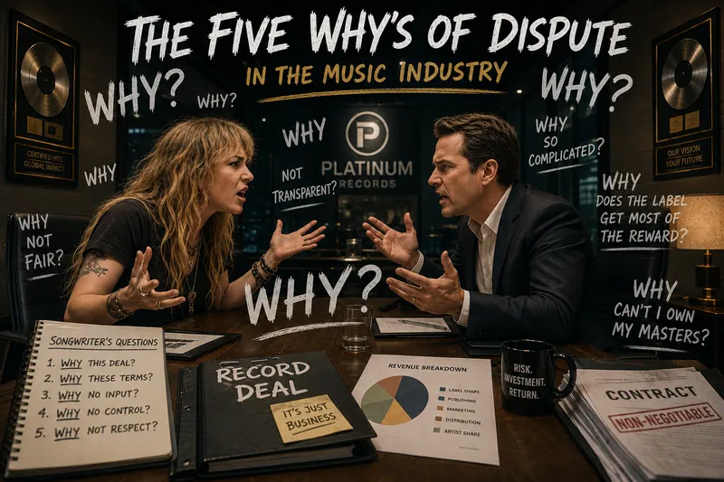 Illustration: a songwriter and a label executive argue across a desk covered in a record deal, with the question “Why?” written all around them