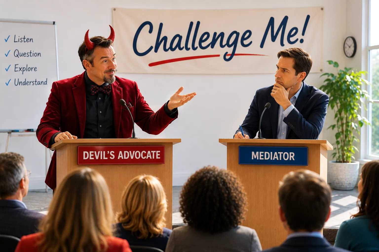 Illustration of a debate stage: a man wearing red devil horns speaks at a Devil's Advocate podium while a thoughtful man listens at a Mediator podium, under a Challenge Me! banner, with an audience in the foreground.