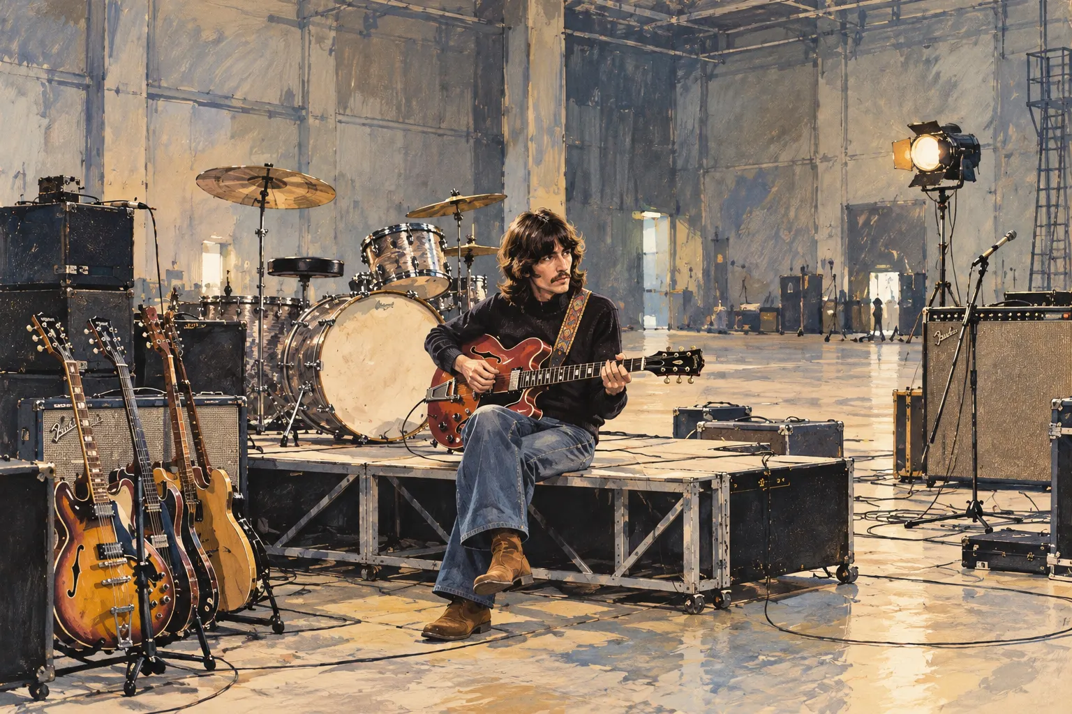AI-generated painterly illustration, not a photograph: a long-haired guitarist in a dark sweater sits on a stage riser with a red hollow-body guitar in a cold, cavernous film studio, surrounded by drums, amplifiers and a studio light.