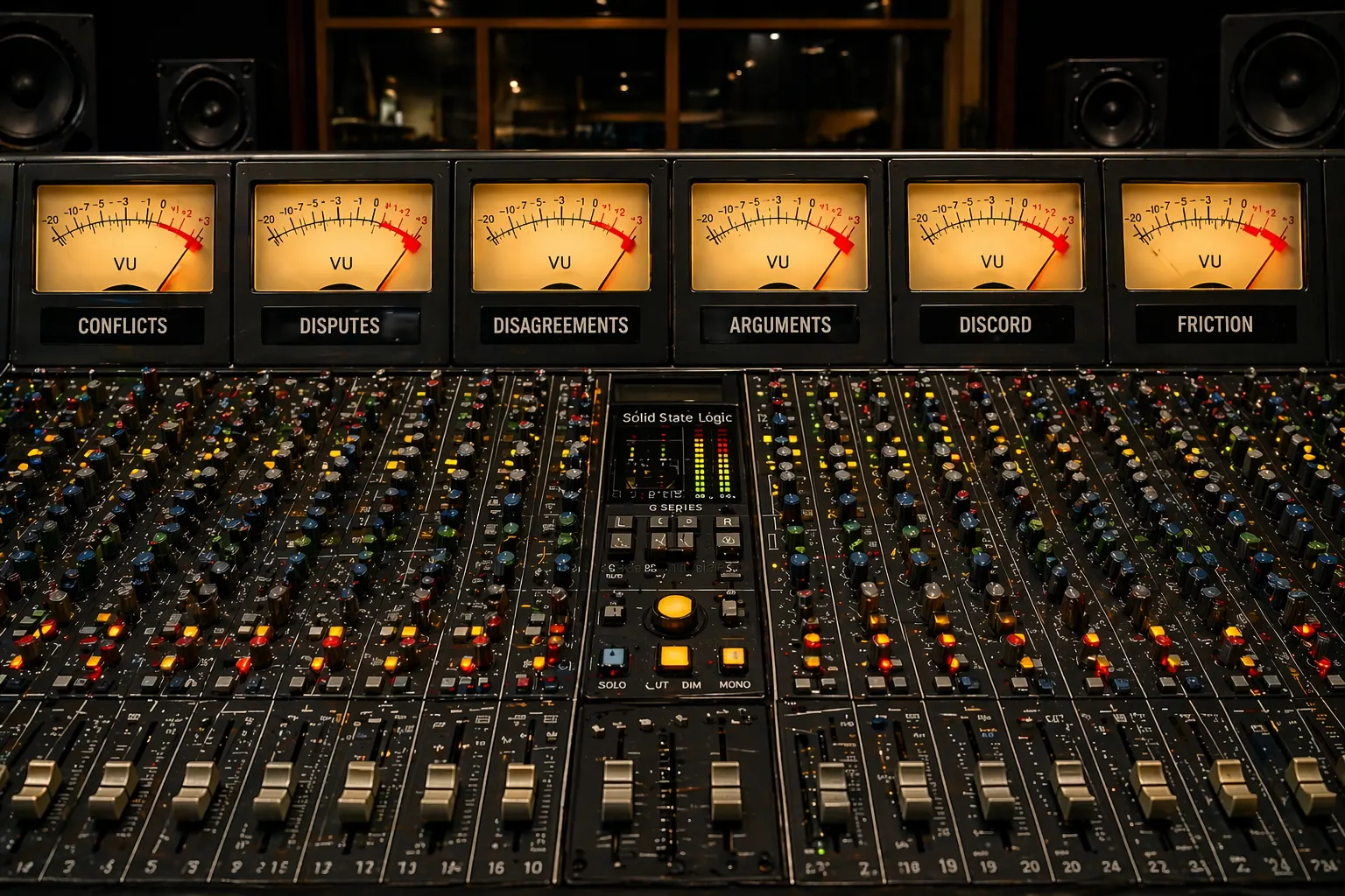A large studio mixing console with rows of knobs and faders under six lit VU meters labelled Conflicts, Disputes, Disagreements, Arguments, Discord and Friction.