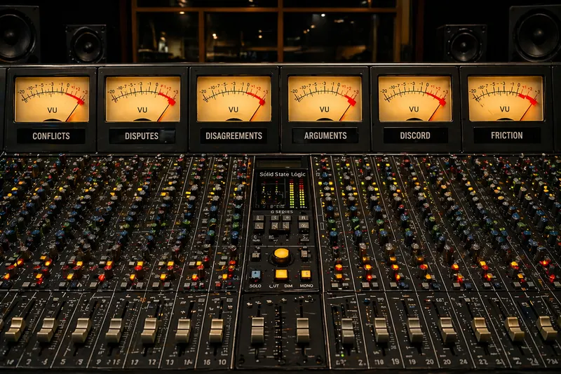 A large studio mixing console with rows of knobs and faders under six lit VU meters labelled Conflicts, Disputes, Disagreements, Arguments, Discord and Friction.