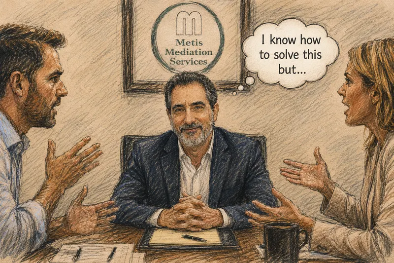 Pencil sketch of a mediator with folded hands at a desk between a man and a woman arguing across the table, with a thought bubble reading “I know how to solve this but…”