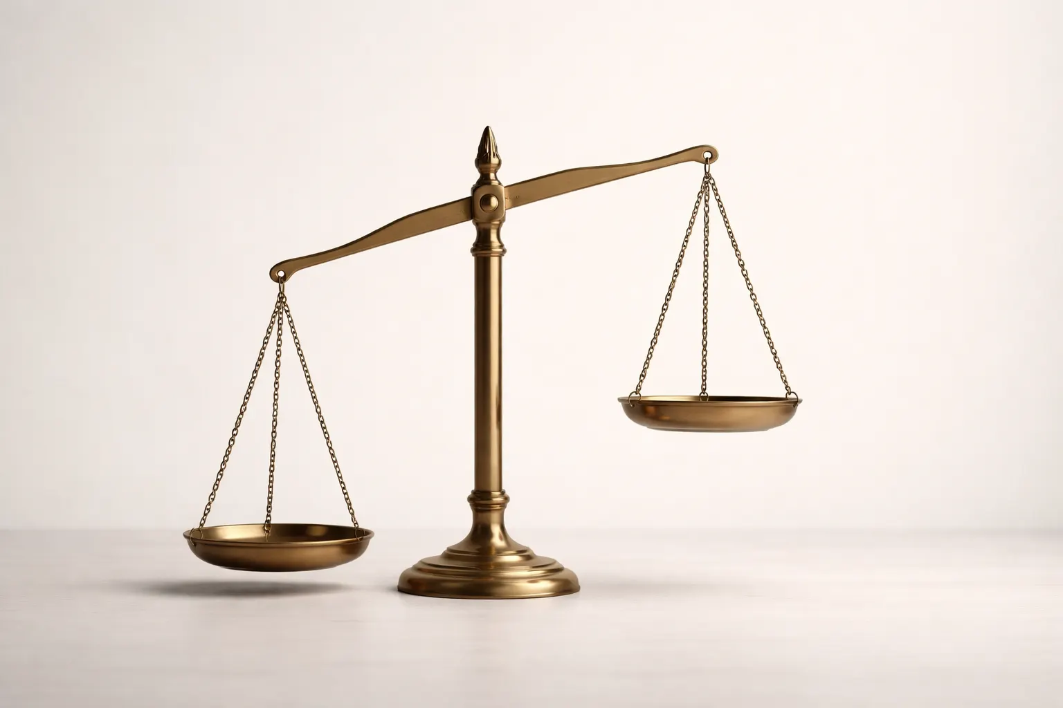 A brass balance scale on a pale surface, one pan hanging low and the other raised.