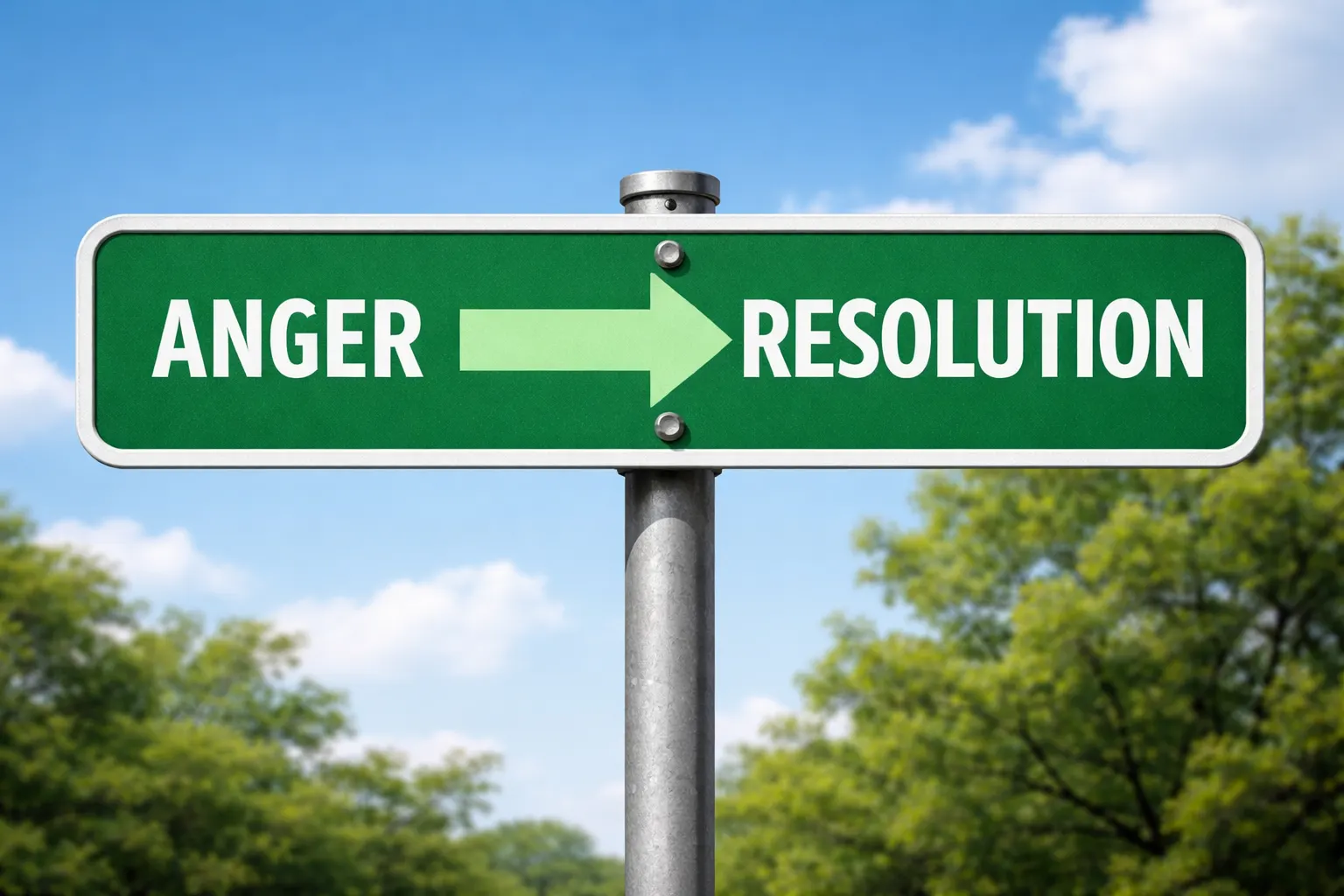 Green street sign with an arrow pointing from the word Anger to the word Resolution, set against a blue sky and trees.