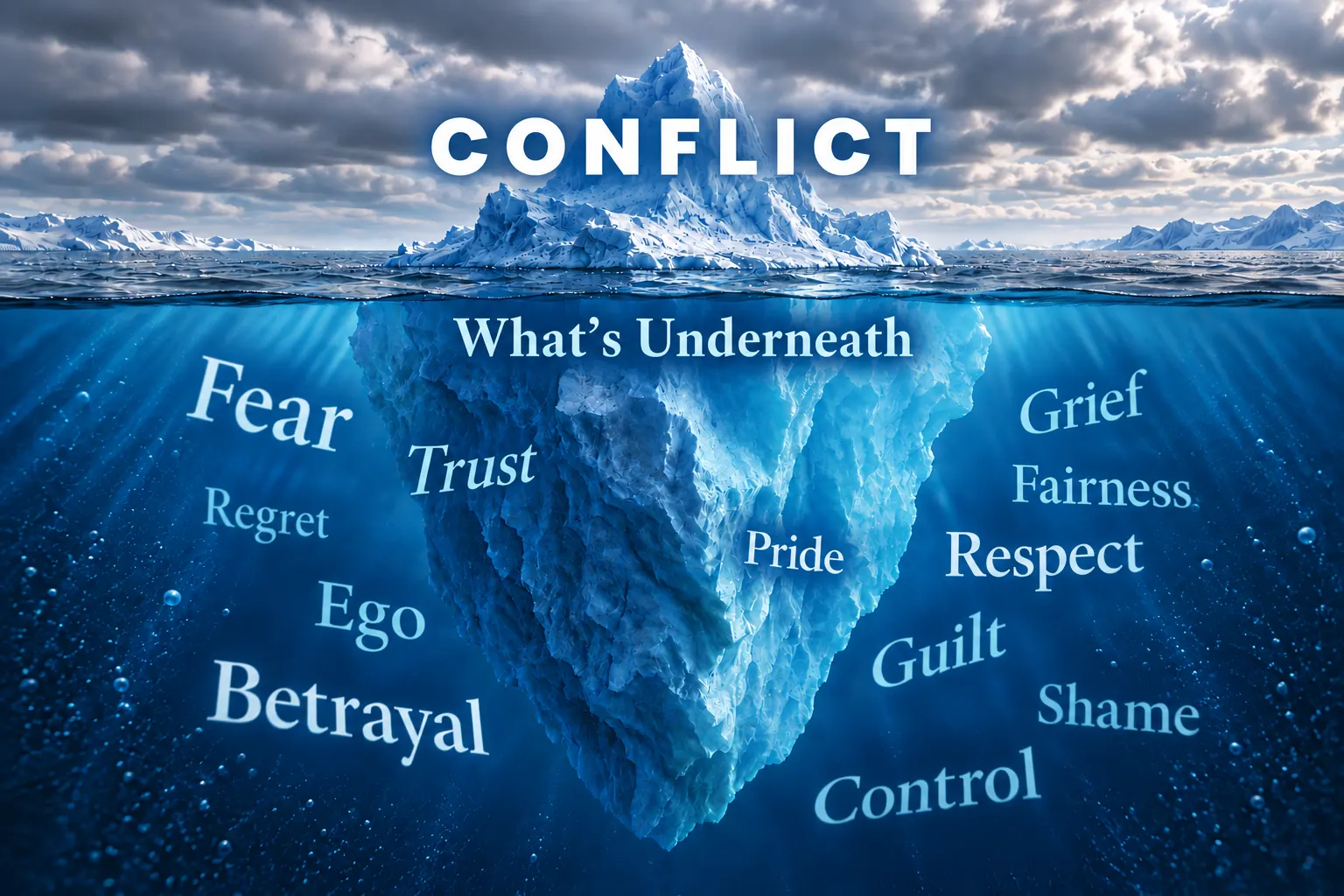 An iceberg labelled “Conflict” above the waterline; below, under “What’s Underneath”, words such as Fear, Trust, Grief, Betrayal, Respect, Shame and Control float in the deep blue water.