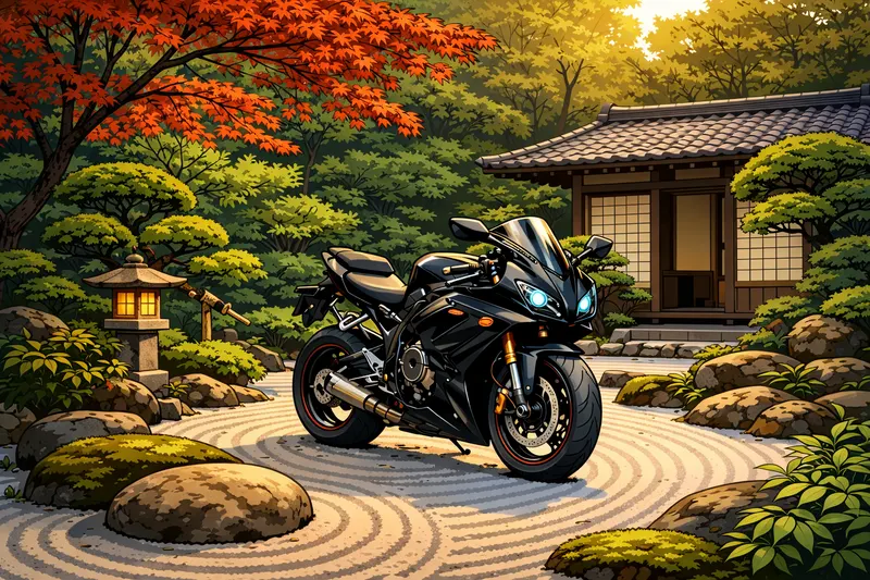 A black sport motorcycle parked on raked gravel in a Japanese Zen garden, with mossy stones, a stone lantern, red maple leaves and a wooden pavilion behind.