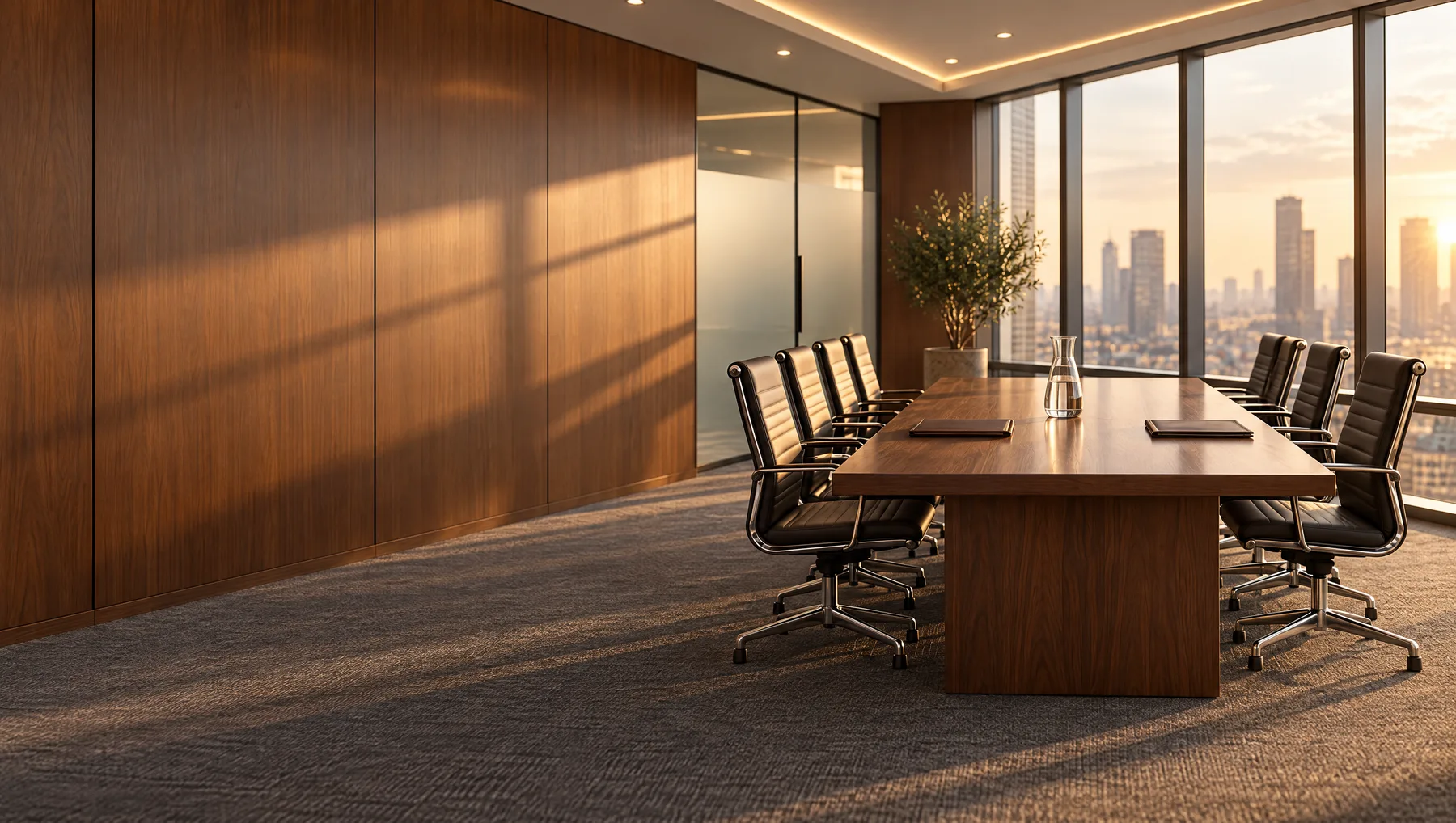 A long walnut conference table with black leather chairs on both sides, two folders and a water carafe, and a city skyline at sunset through the windows