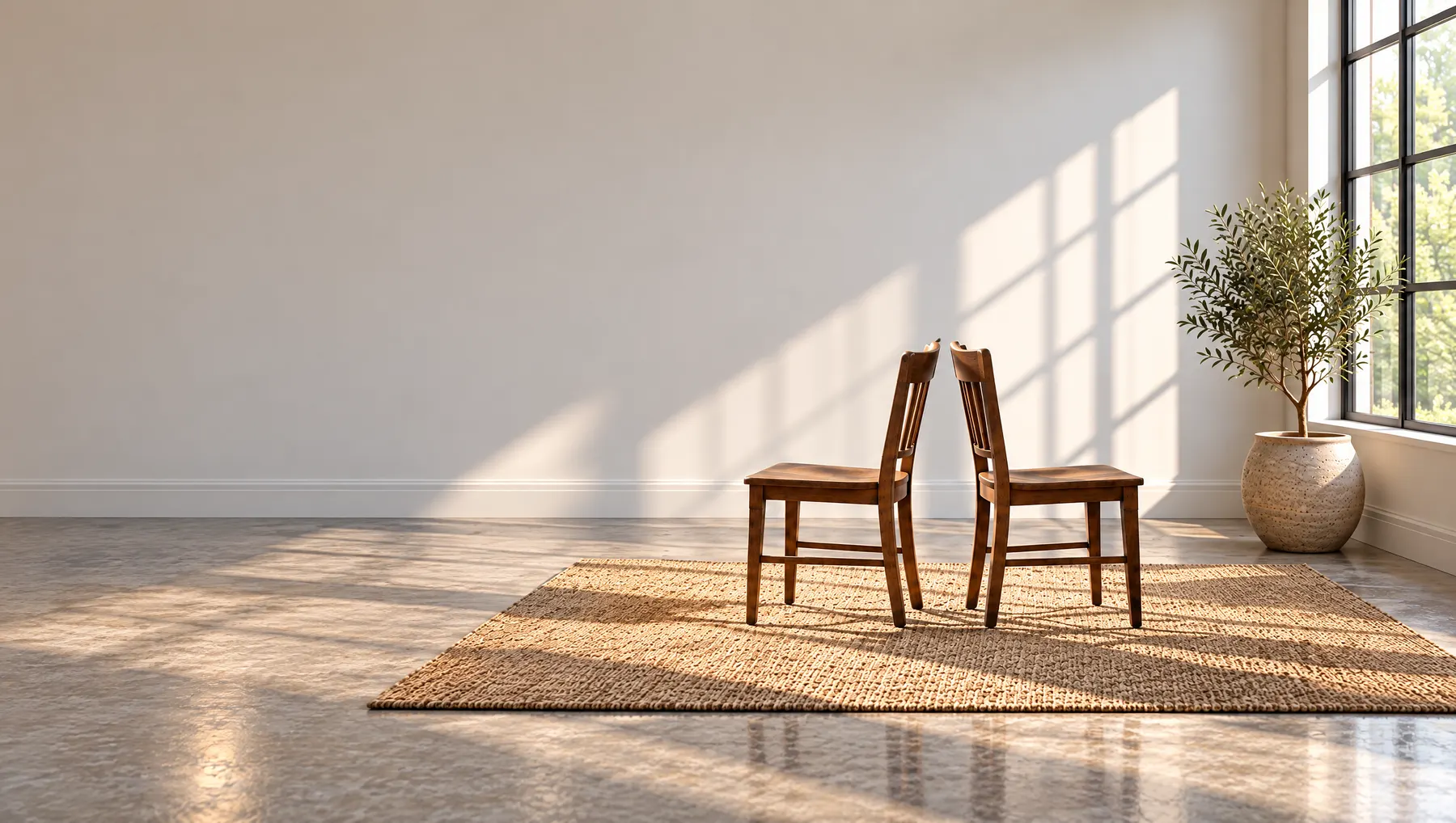 Two wooden chairs set back to back on a woven rug in a sunlit room, an olive tree by a tall window