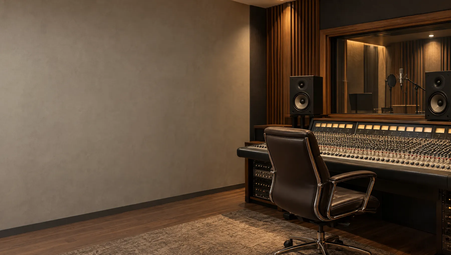 A professional recording studio control room with an analog mixing console, studio monitors and a vocal booth