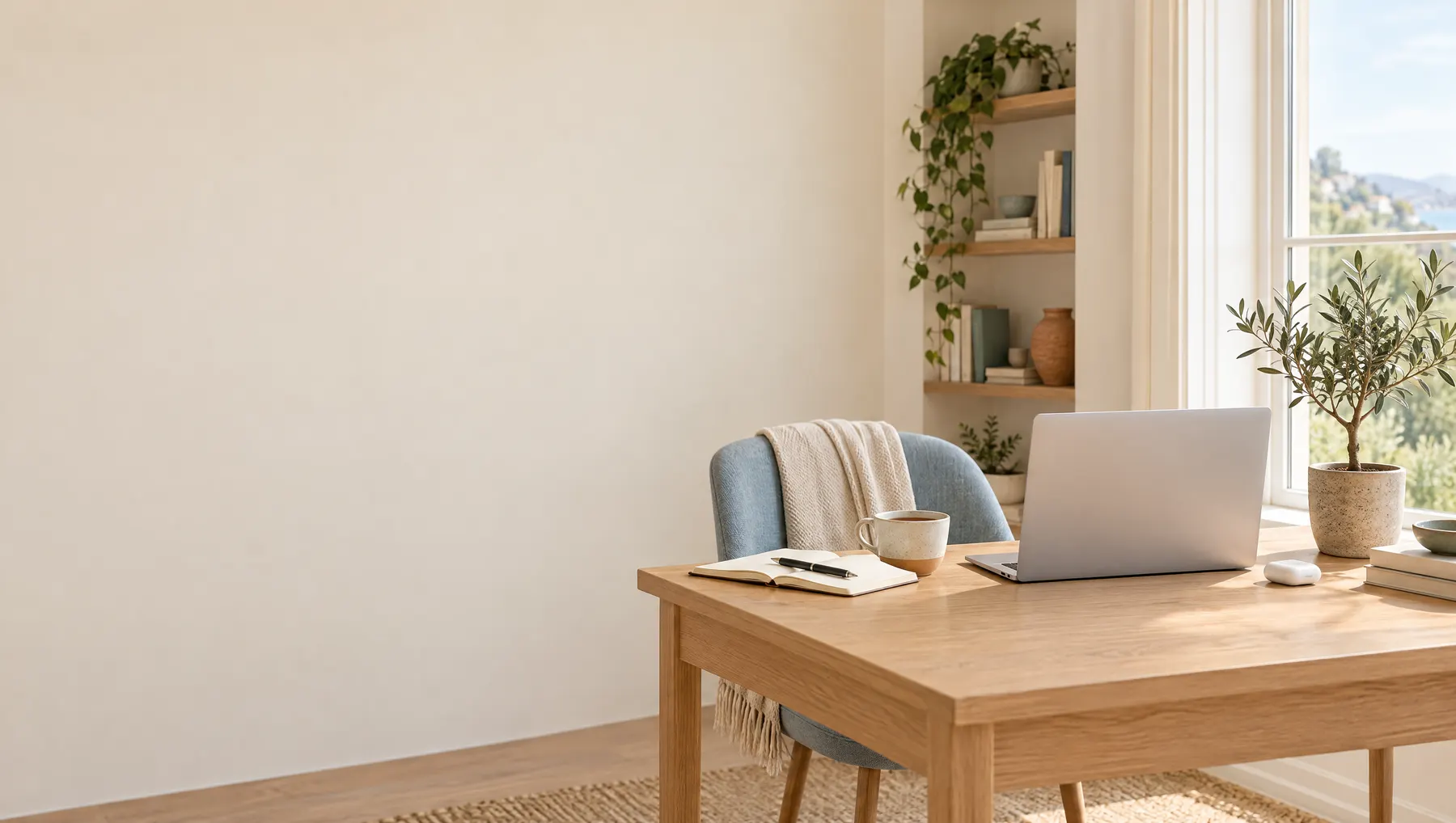 A calm home office: a laptop, a notebook and a cup of tea on an oak desk by a tall window with an olive tree
